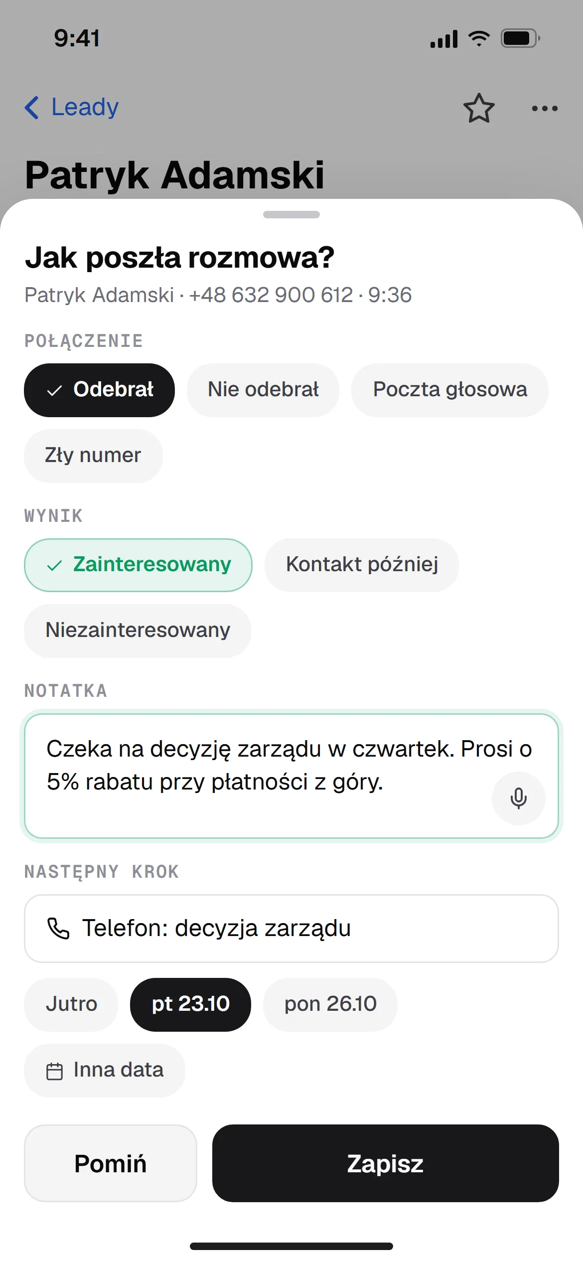 The after-call screen on a phone: call outcome, a note and the next step with a date picker.