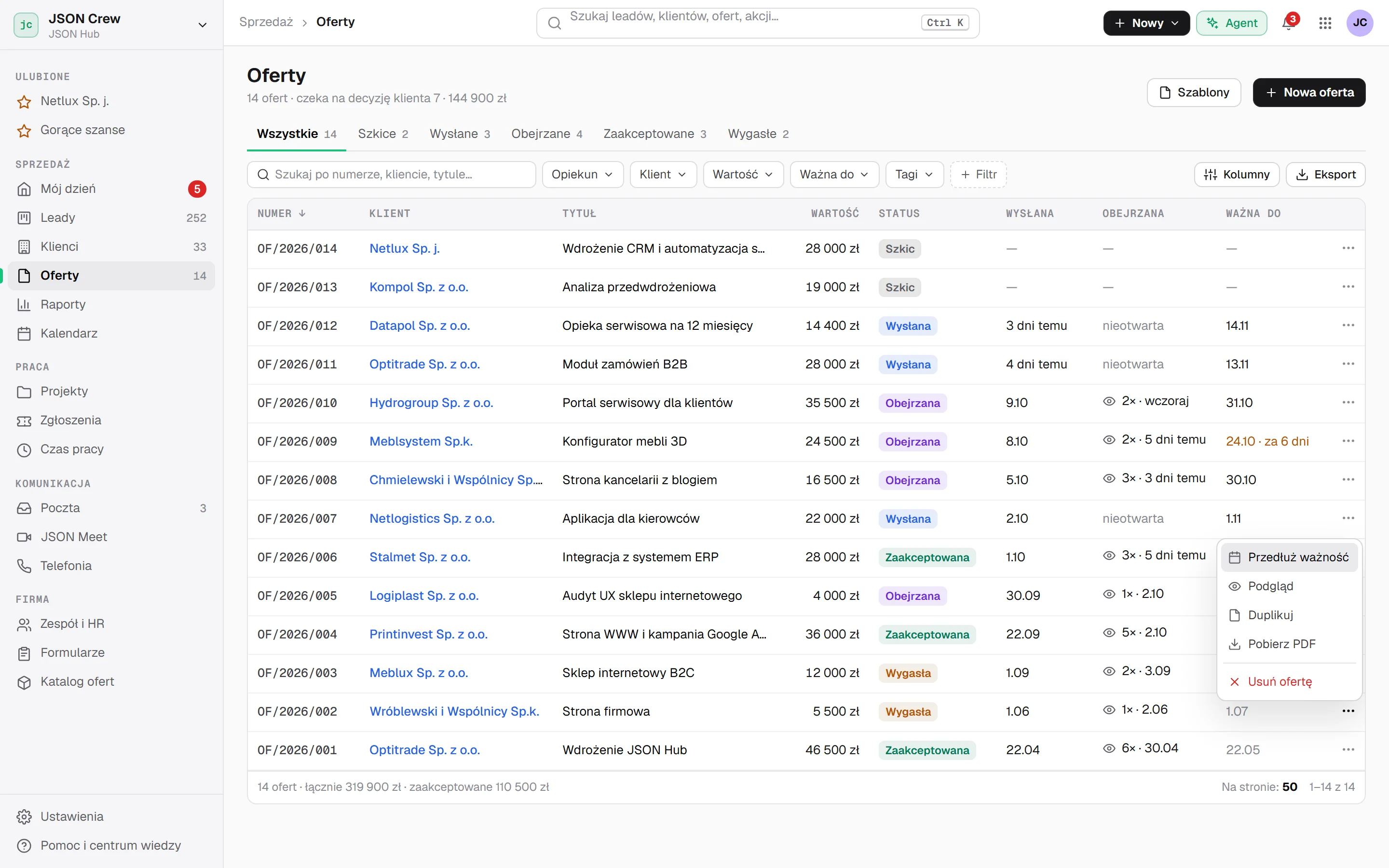 The offer list with Drafts, Sent, Viewed, Accepted and Expired tabs, a Viewed column (for example “2× · yesterday”) and a row menu: Extend validity, Preview, Duplicate, Download PDF.