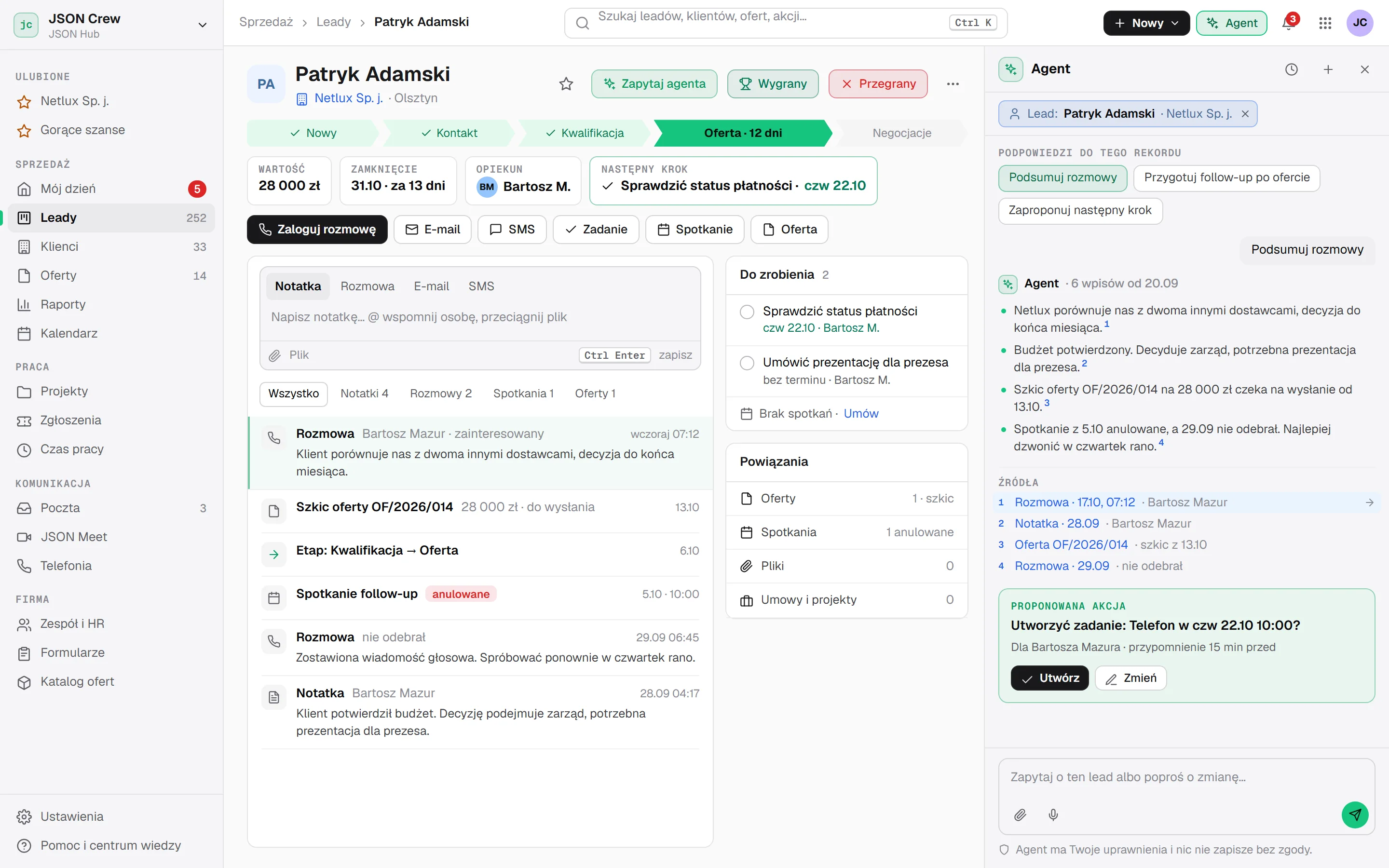 A lead card with the AI agent panel open: suggestions “Summarise calls”, “Prepare a follow-up after the offer” and “Suggest the next step”, an answer with bullet points and sources, and a proposed action “Create a task” with Create and Change buttons.