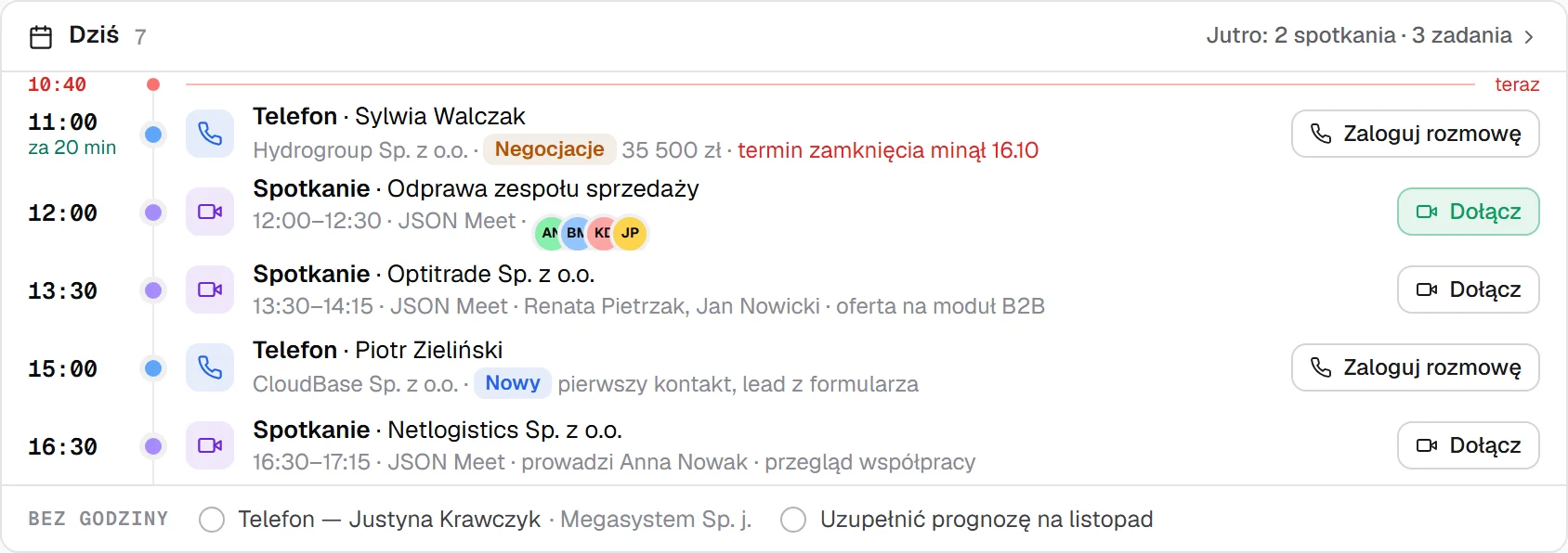 The day timeline in My Day: calls and meetings from 11:00 to 16:30 with Log call and Join buttons.