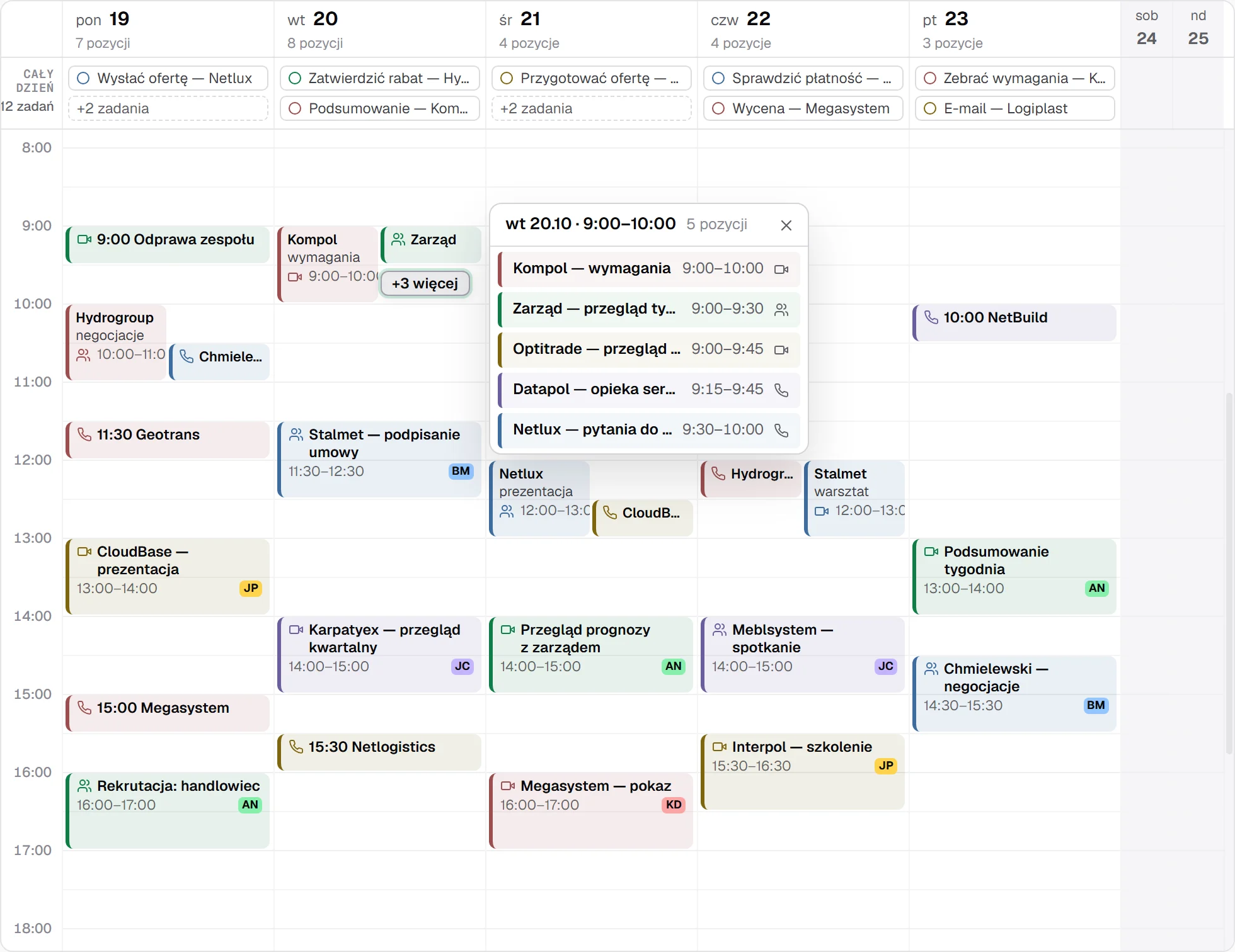 The team calendar for the week of 19–25 October: JSON Meet meetings, calls and tasks in each person's colour, and an open pop-up with five items on Tuesday at 9:00.