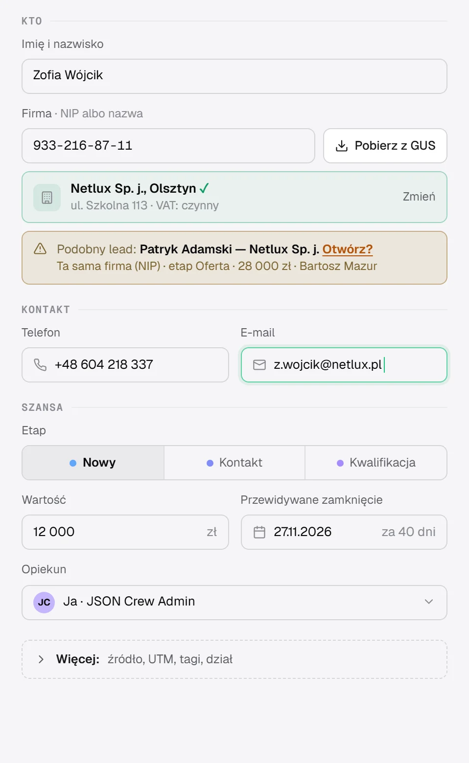 The new lead form: tax ID 933-216-87-11, a Fetch from registry button, the result “Netlux Sp. j., Olsztyn” confirmed, and a warning about a similar lead at the same company.