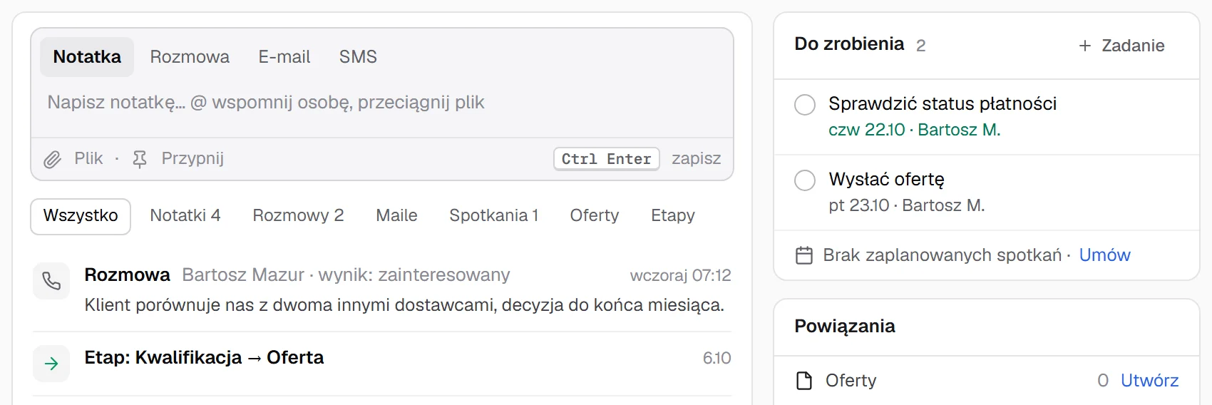 The lead card on desktop: a field to log a note, call, email or SMS, a call with the outcome “interested” on the timeline, and a To do list with the task “Check payment status” for Thursday 22.10.